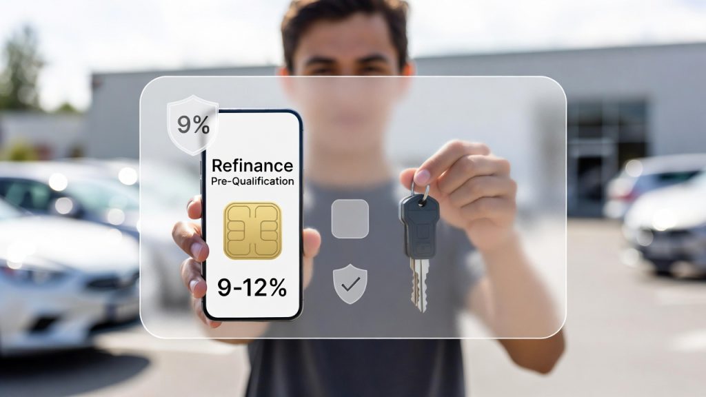 Auto Loan vs. Title Loan Refinancing Explained. When Is a Good Time to Refinance Your Car? Individual holding car key and phone showing refinance pre-qualification rates