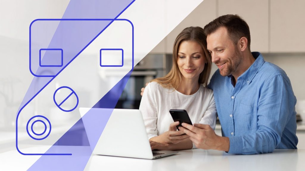 Auto Loan vs. Title Loan Refinancing Explained. When Is a Good Time to Refinance Your Car? Couple reviewing refinancing a vehicle loan options on laptop and smartphone