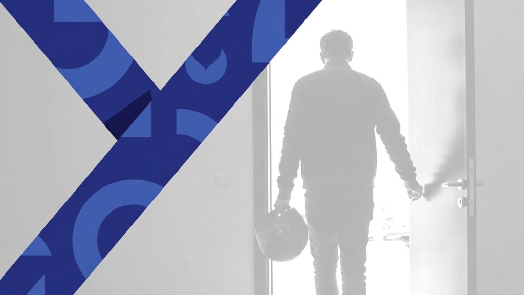 How to Refinance a Motorcycle Loan: Everything You Need to Know Man entering office with motorcycle helmet and blue abstract ribbon overlay