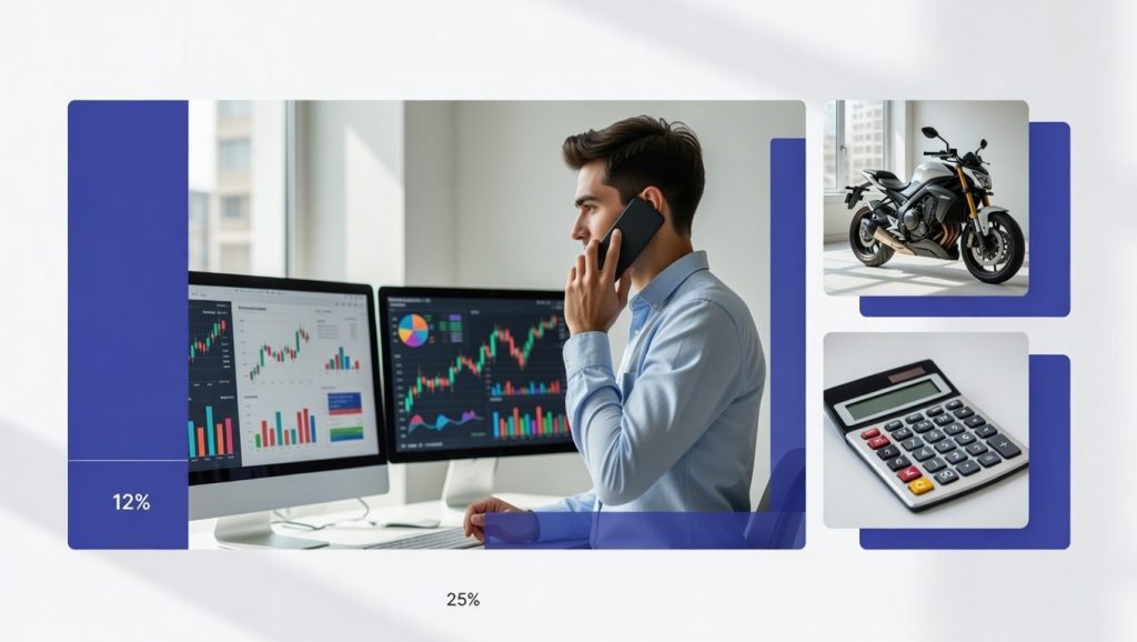 How to Refinance a Motorcycle Loan: Everything You Need to Know Professional discussing motorcycle refinance on call with charts, motorcycle, and calculator collage